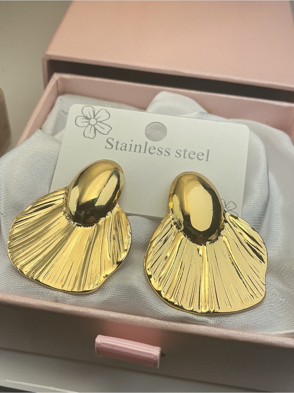 Gold Stainless Steel Shell Statement Earrings Textured Fan Studs